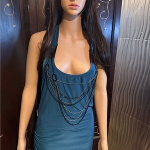 Elegant Backless Teal Dress with Chain Detail